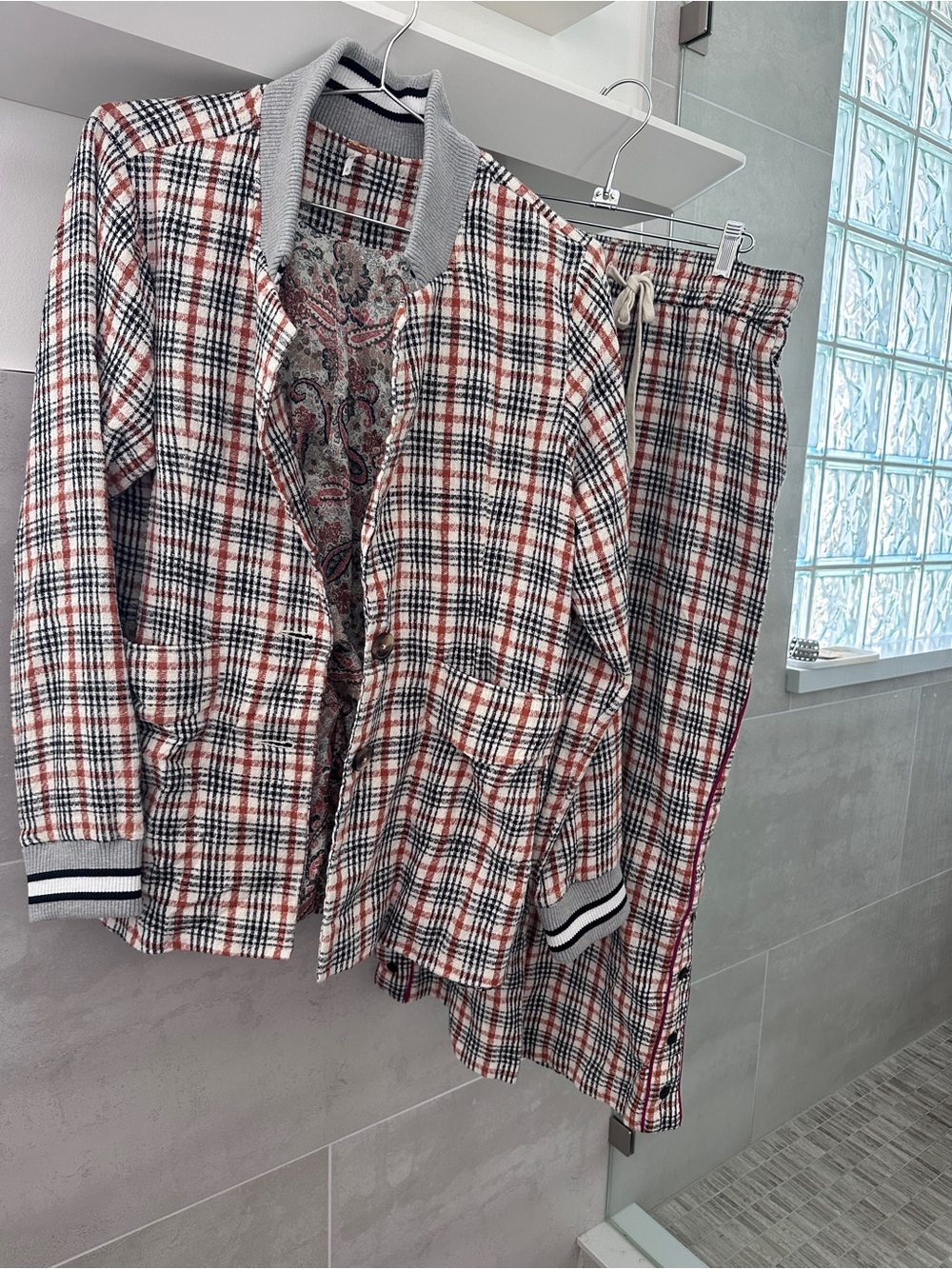 Free People Plaid Bomber Jacket & Pants Set in White, Red & Black